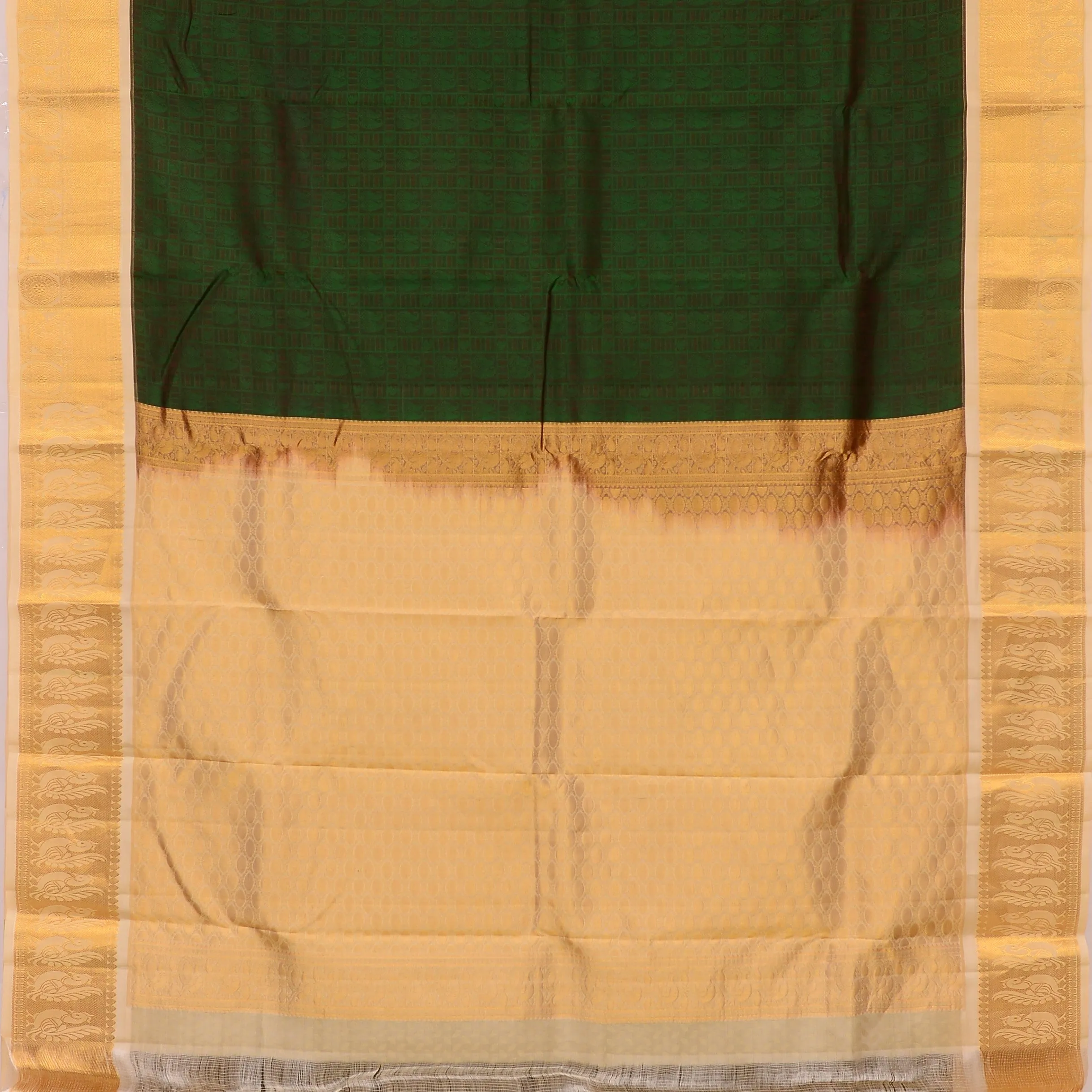 Handwoven Green with Off-white Bangalore Silk Saree - 181N012612DSJ