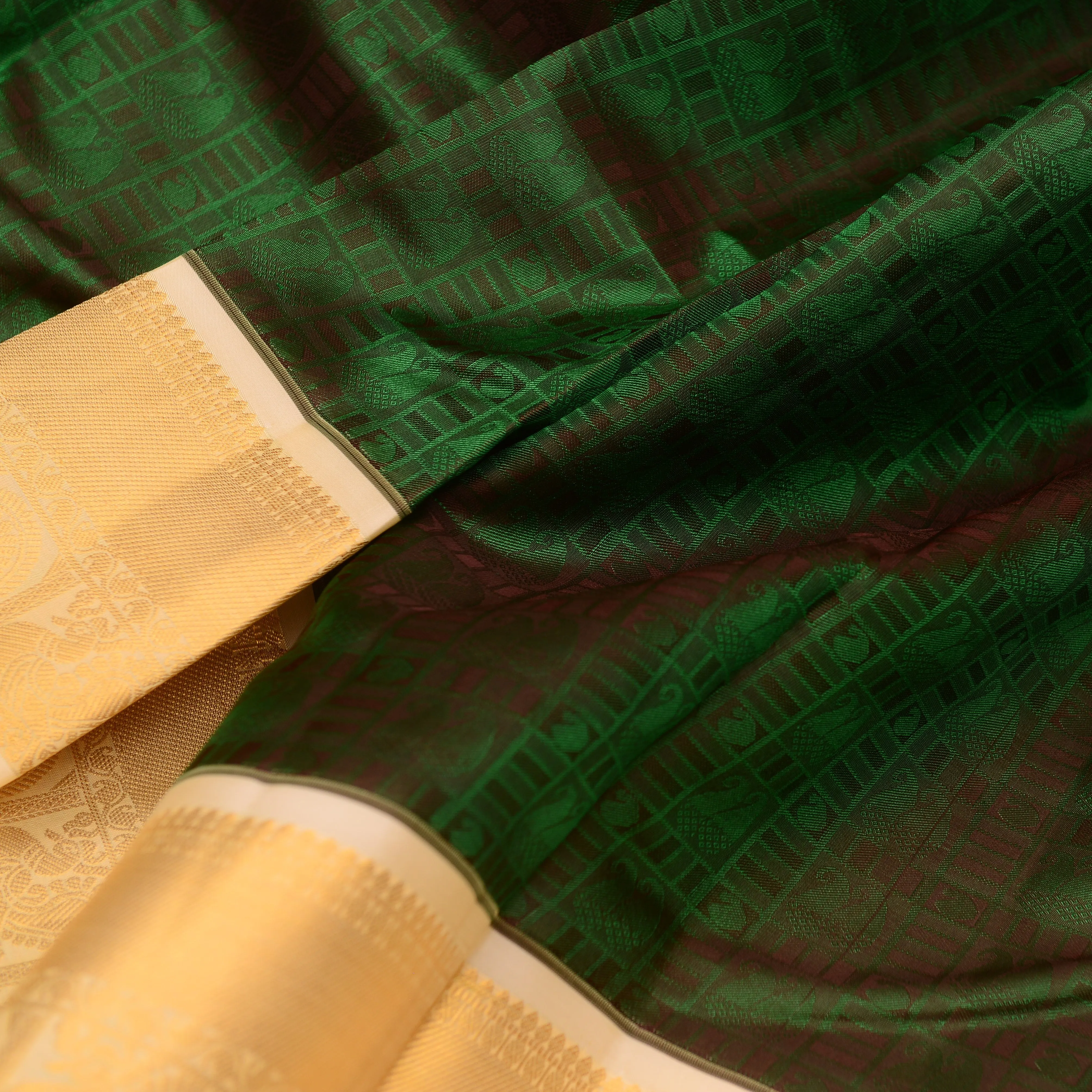 Handwoven Green with Off-white Bangalore Silk Saree - 181N012612DSJ