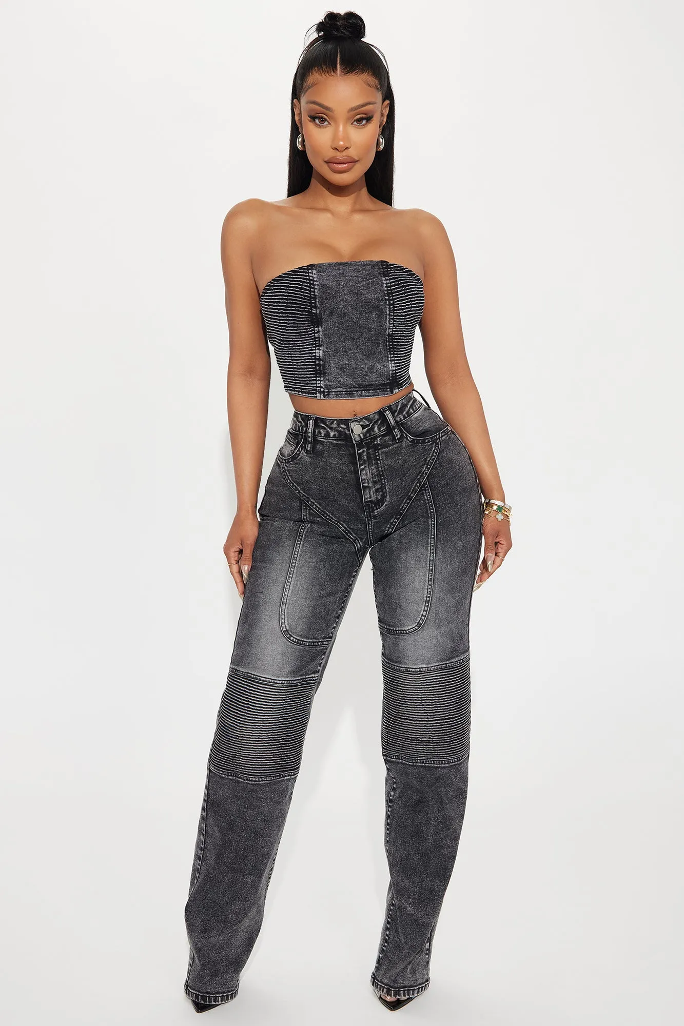 Have It My Way Strapless Moto Denim Top - Black Wash