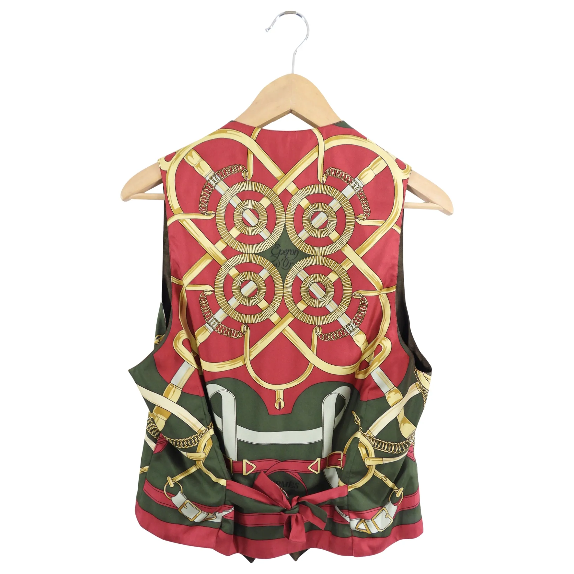 Hermes Dark Green and Red Eperon D'or Vintage Silk Scarf Print Vest