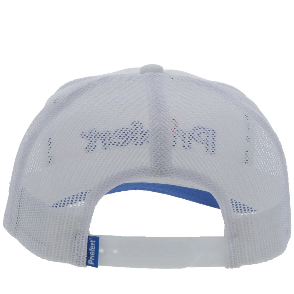 Hooey Priefert White 5-Panel Trucker with Blue Priefert Logo