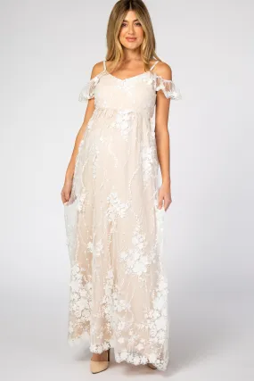 Ivory Floral Embroidered Mesh Maternity Evening Gown