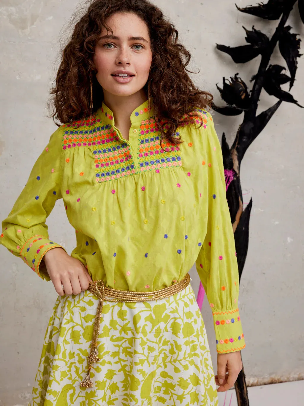 Juniper Berry Blouse in Lime with embroidered by Nimo