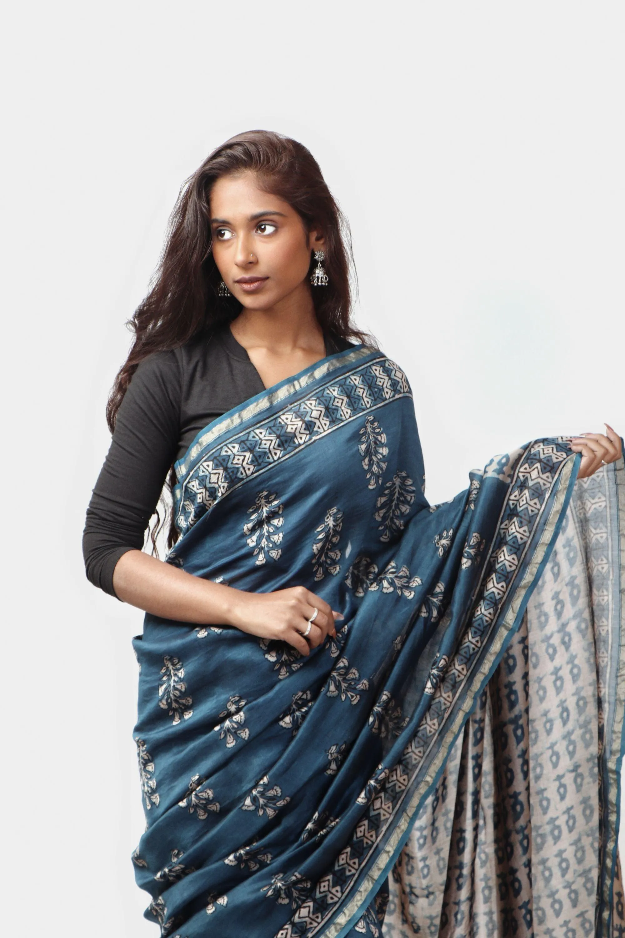 Kaisori Malhar - Dabu Light Indigo twig handblockprinted Silk Cotton saree