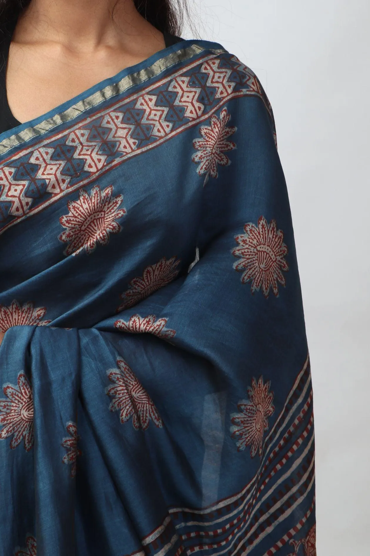 Kaisori Malhar - Dabu Pharad Light Indigo handblockprinted Silk Cotton saree