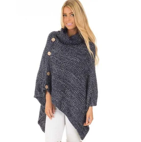 Knitted turtleneck cloak winter sweater Women Elegant button casual Oversize pullover