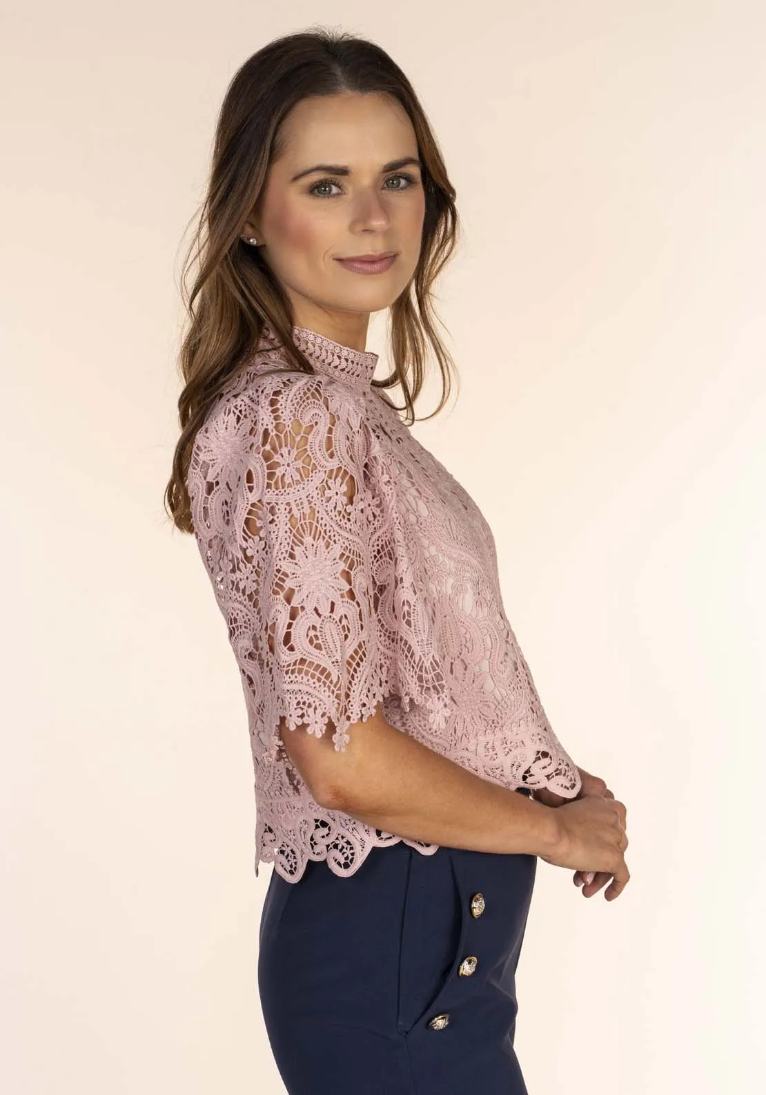 Lace Short-Sleeve Blouse - Pink