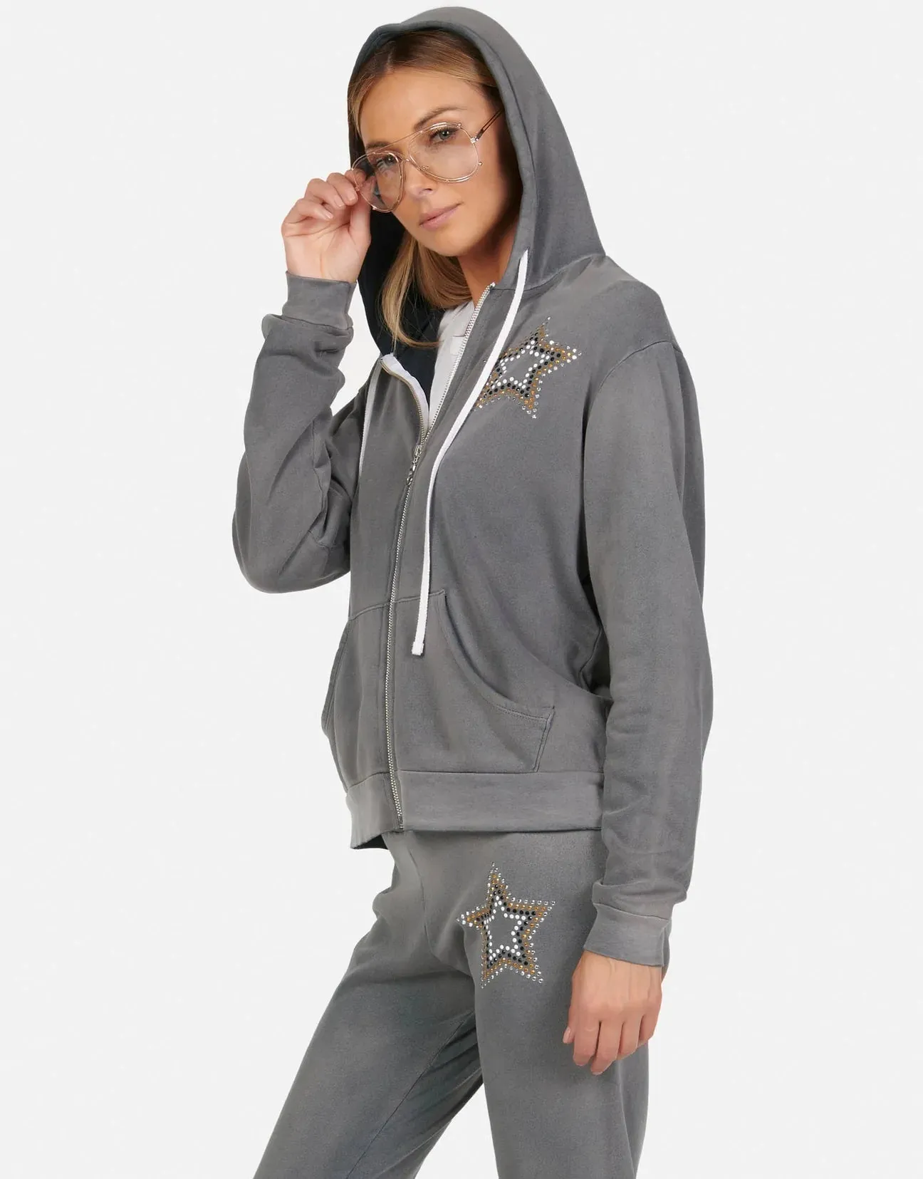 Lauren Moshi Lennox Outline Stud Star Zipper Hoodie