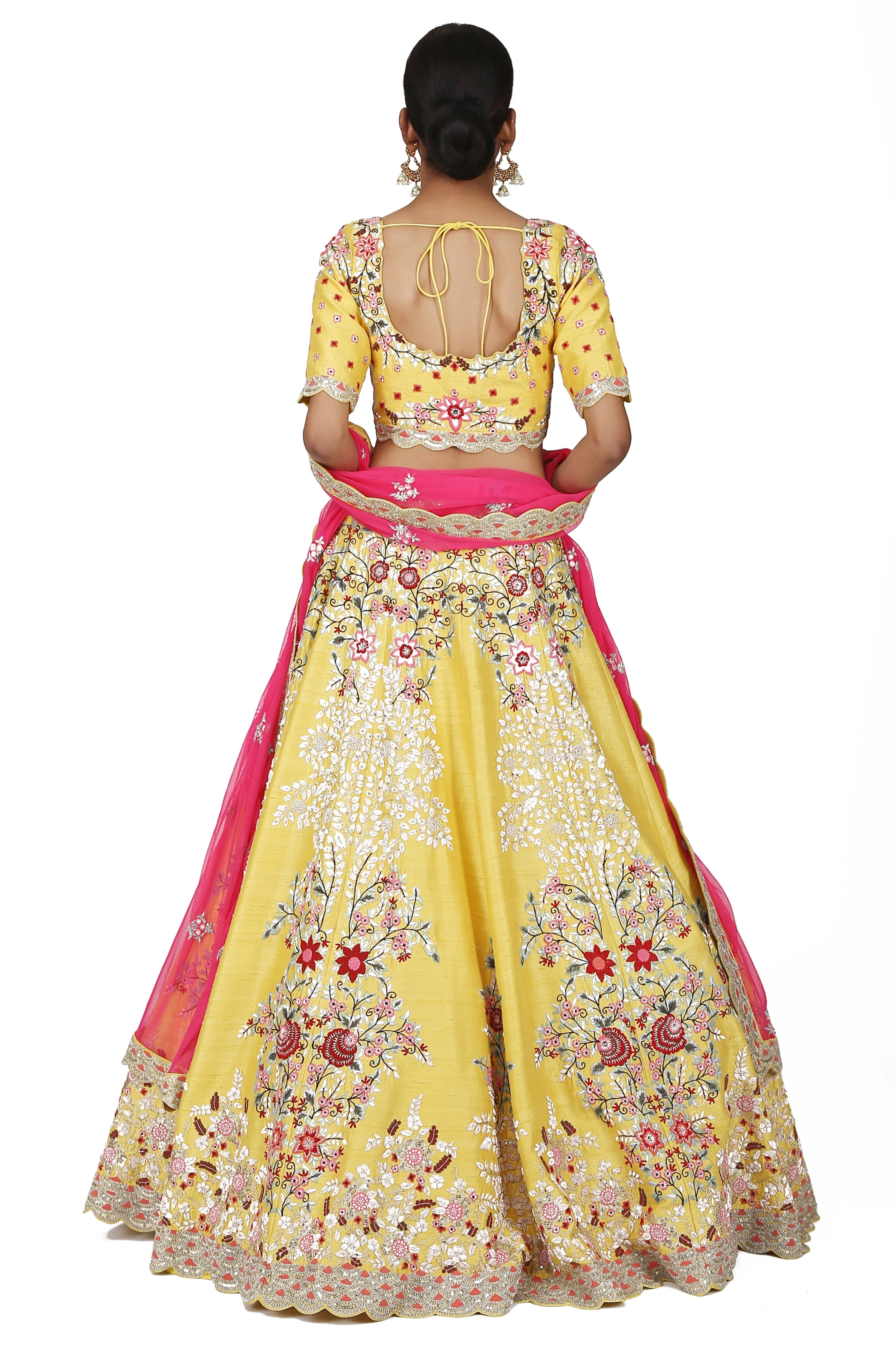 Lemon Yellow with Multi-colour Embroidered Lehenga Set.