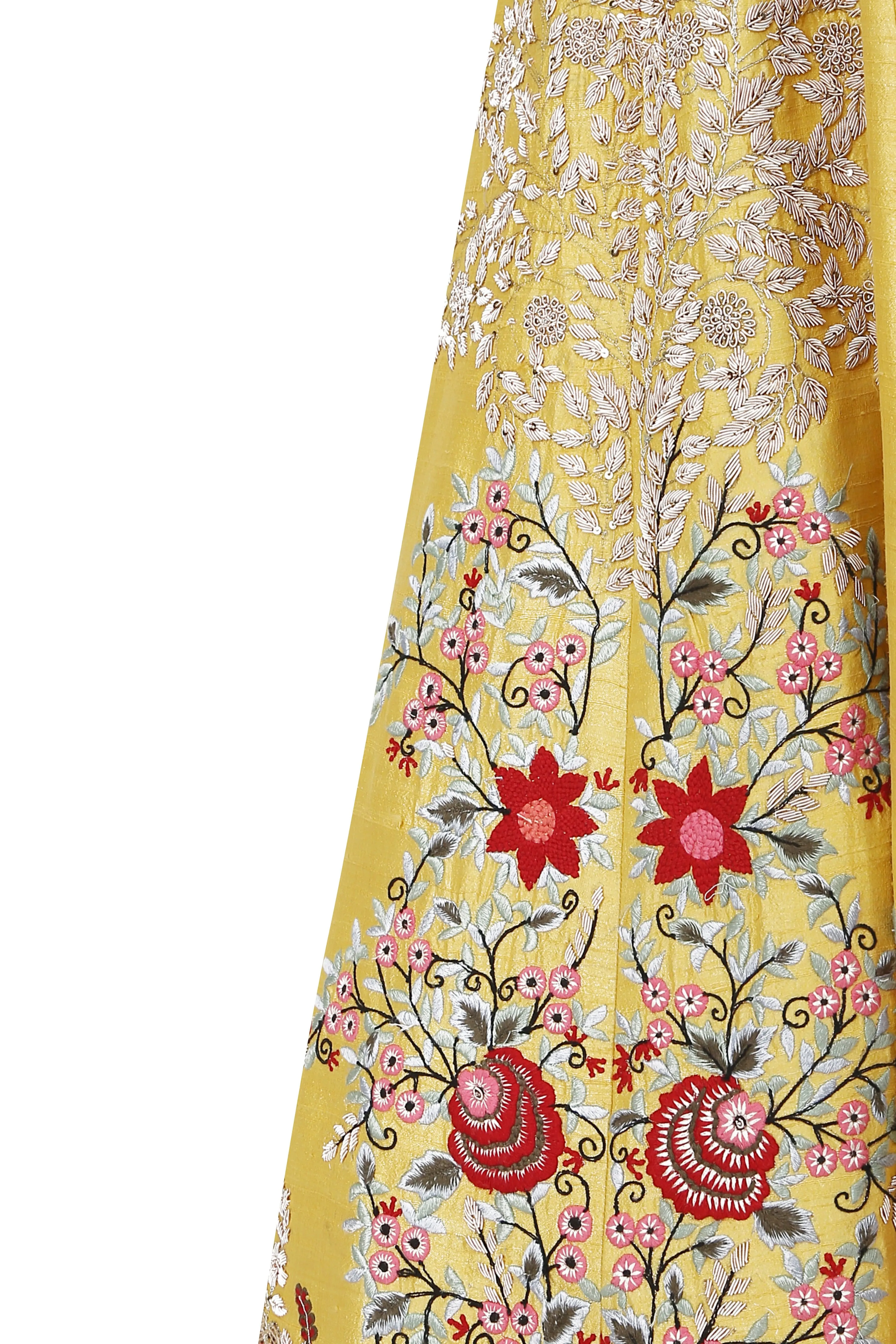 Lemon Yellow with Multi-colour Embroidered Lehenga Set.