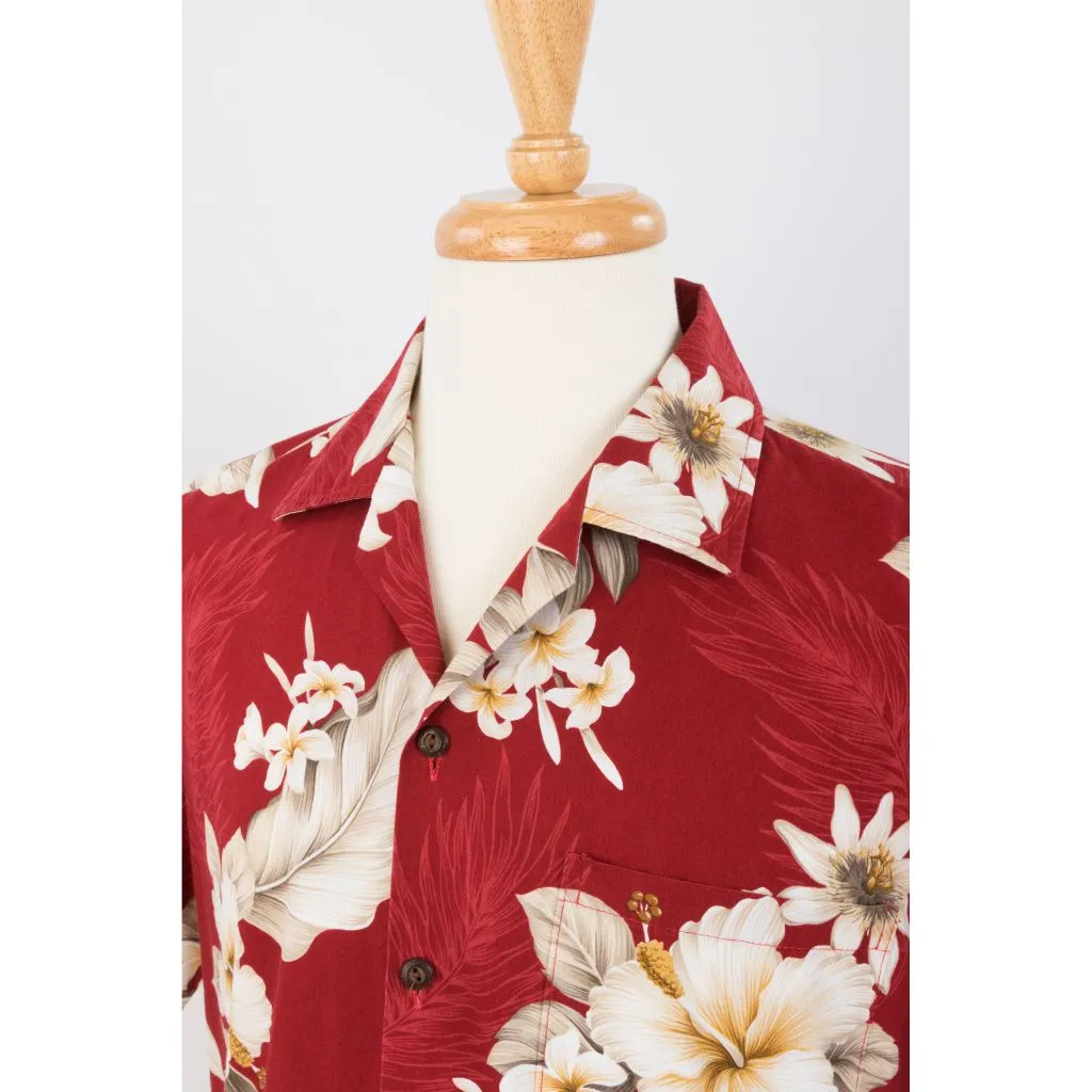 Matching Hibiscus Print Cotton Aloha Shirt - Peach, Red, Navy, Blue