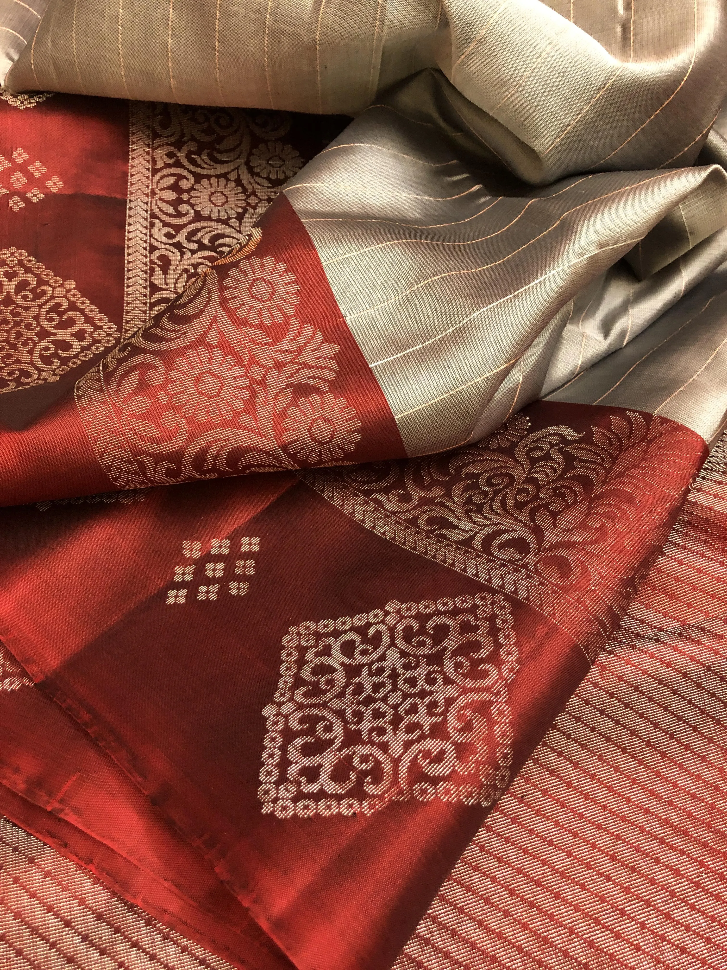 Mud Gray Color Soft Kanchipuram Silks with Zari Stripe Work