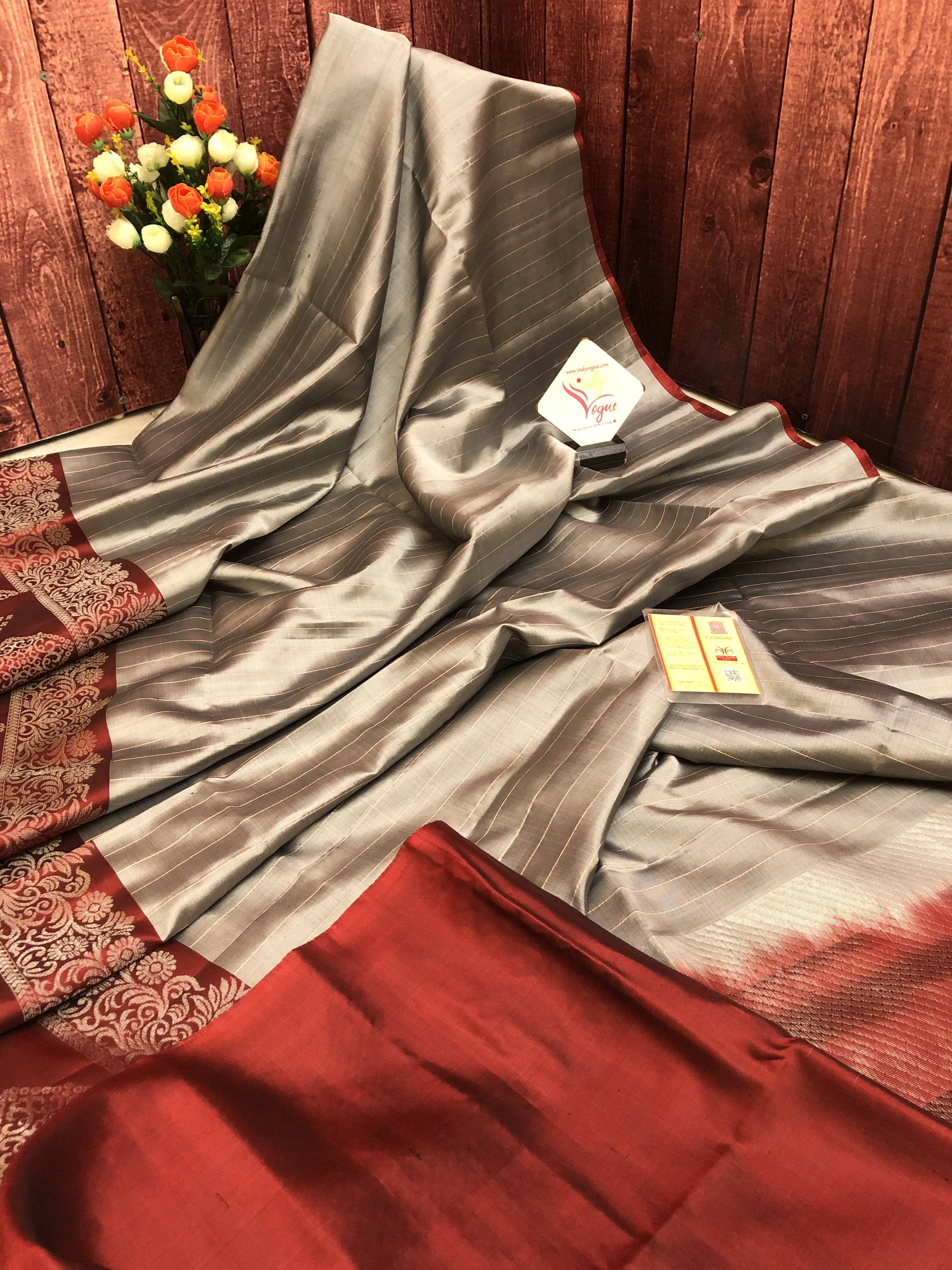 Mud Gray Color Soft Kanchipuram Silks with Zari Stripe Work