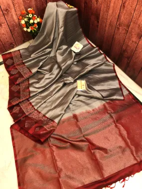 Mud Gray Color Soft Kanchipuram Silks with Zari Stripe Work