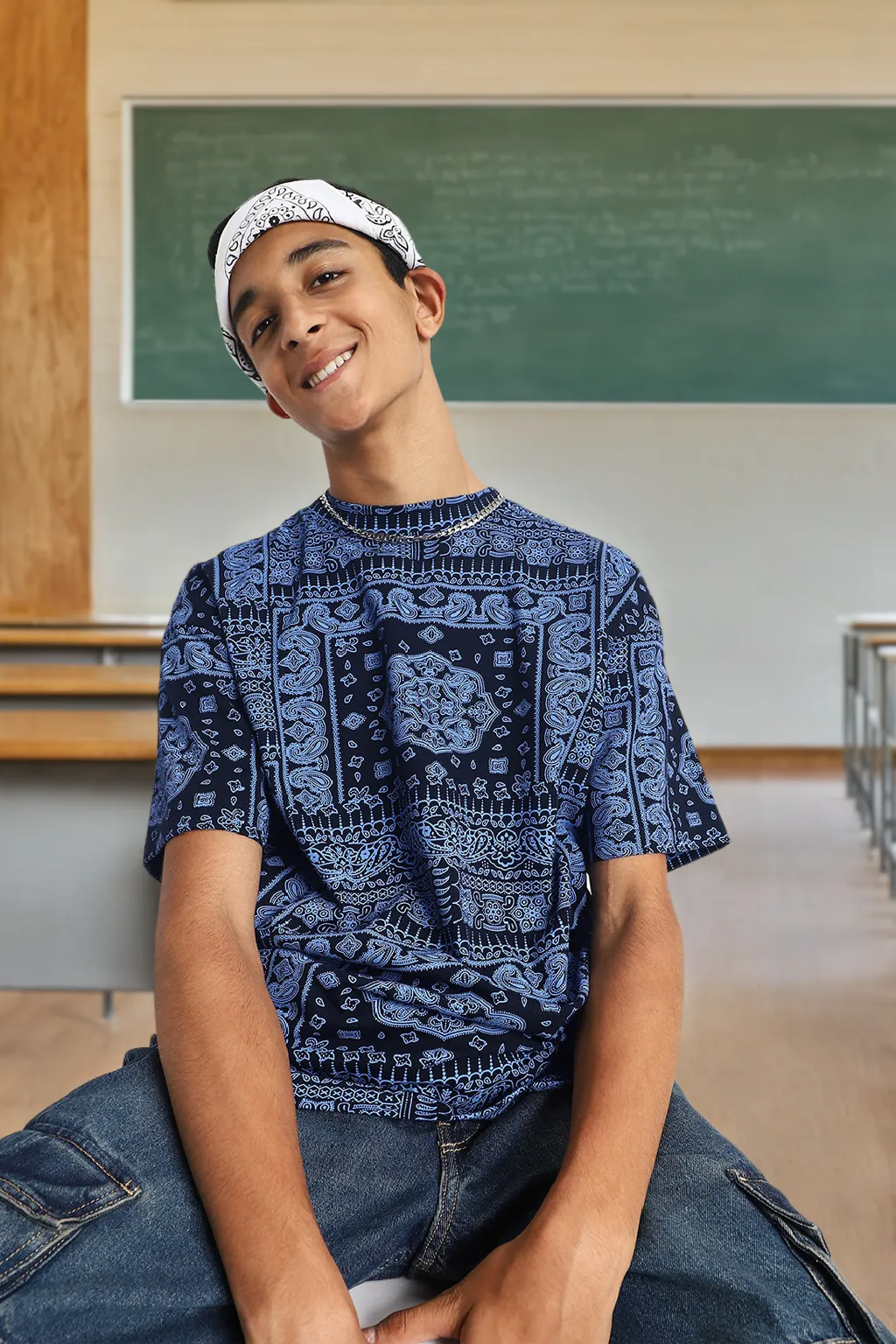 Navy Oversized Paisley Printed Boys T-shirt