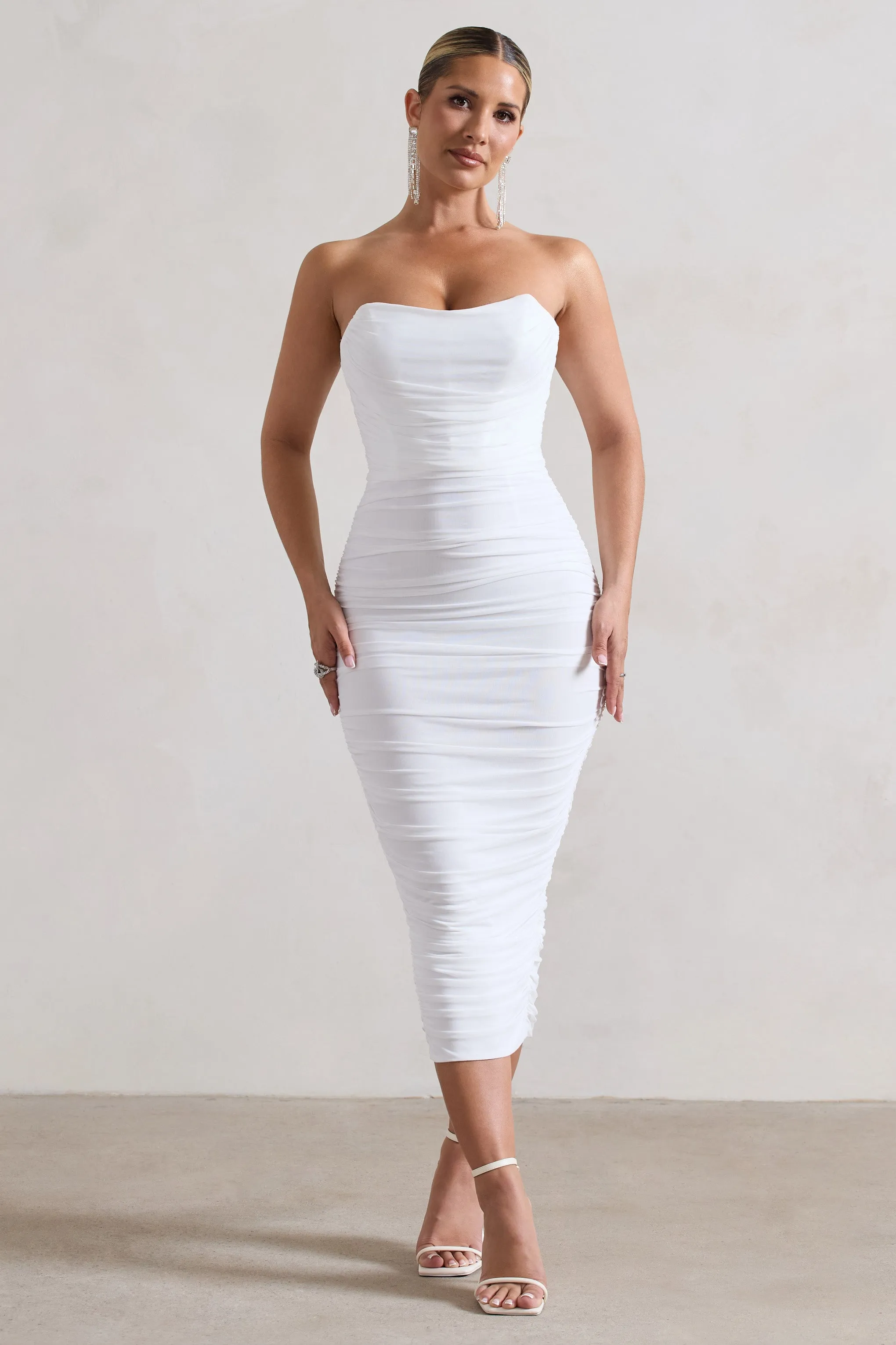 Nylah | White Ruched Corset Bodycon Midi Dress