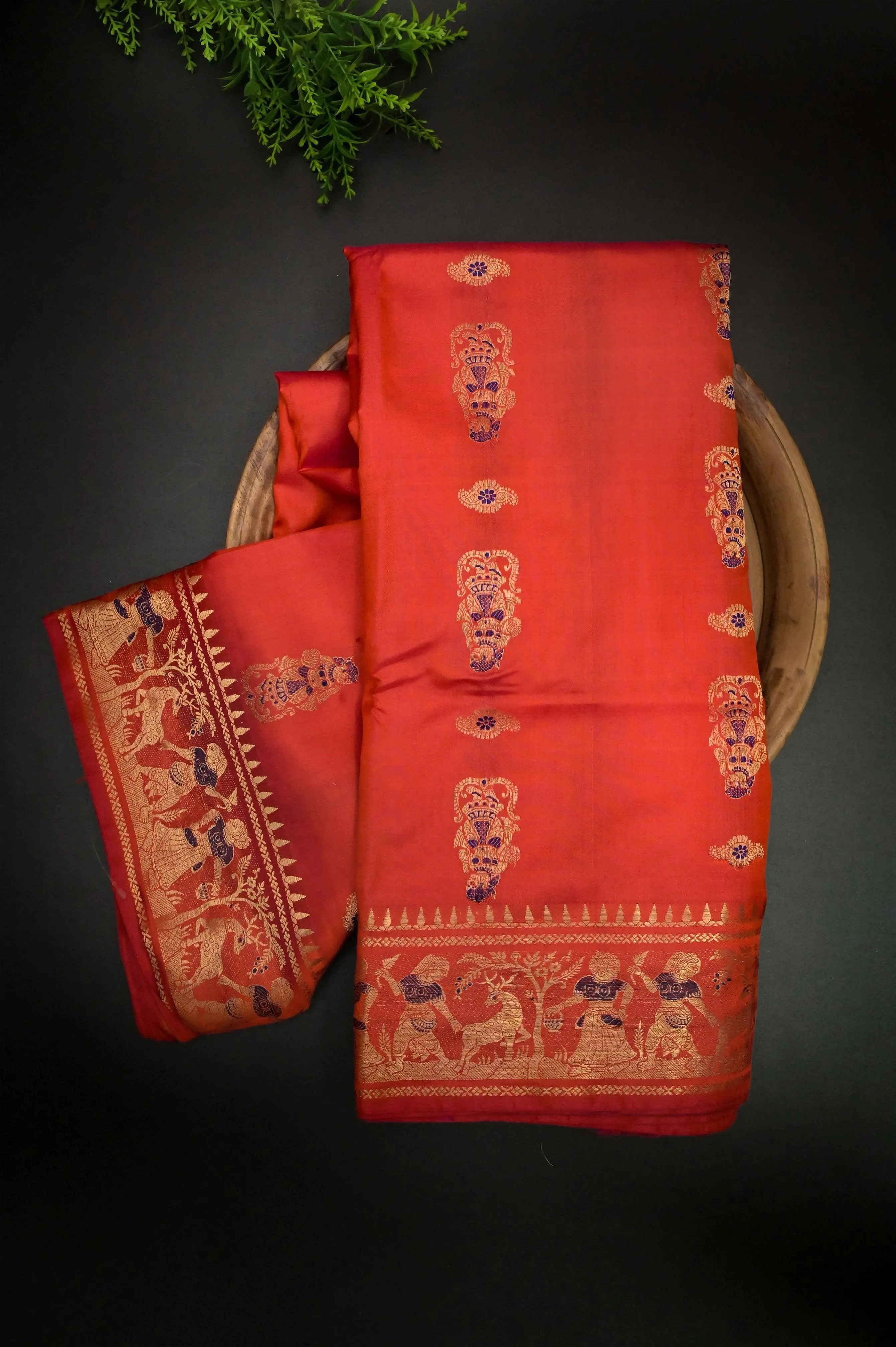 Orange and Magenta Dual Tone Baluchari Silk Saree with Meenakari Pallu