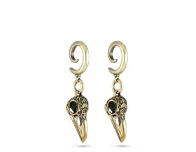 Ornate Raven Skull Gauged Spiral Earrings - Bronze