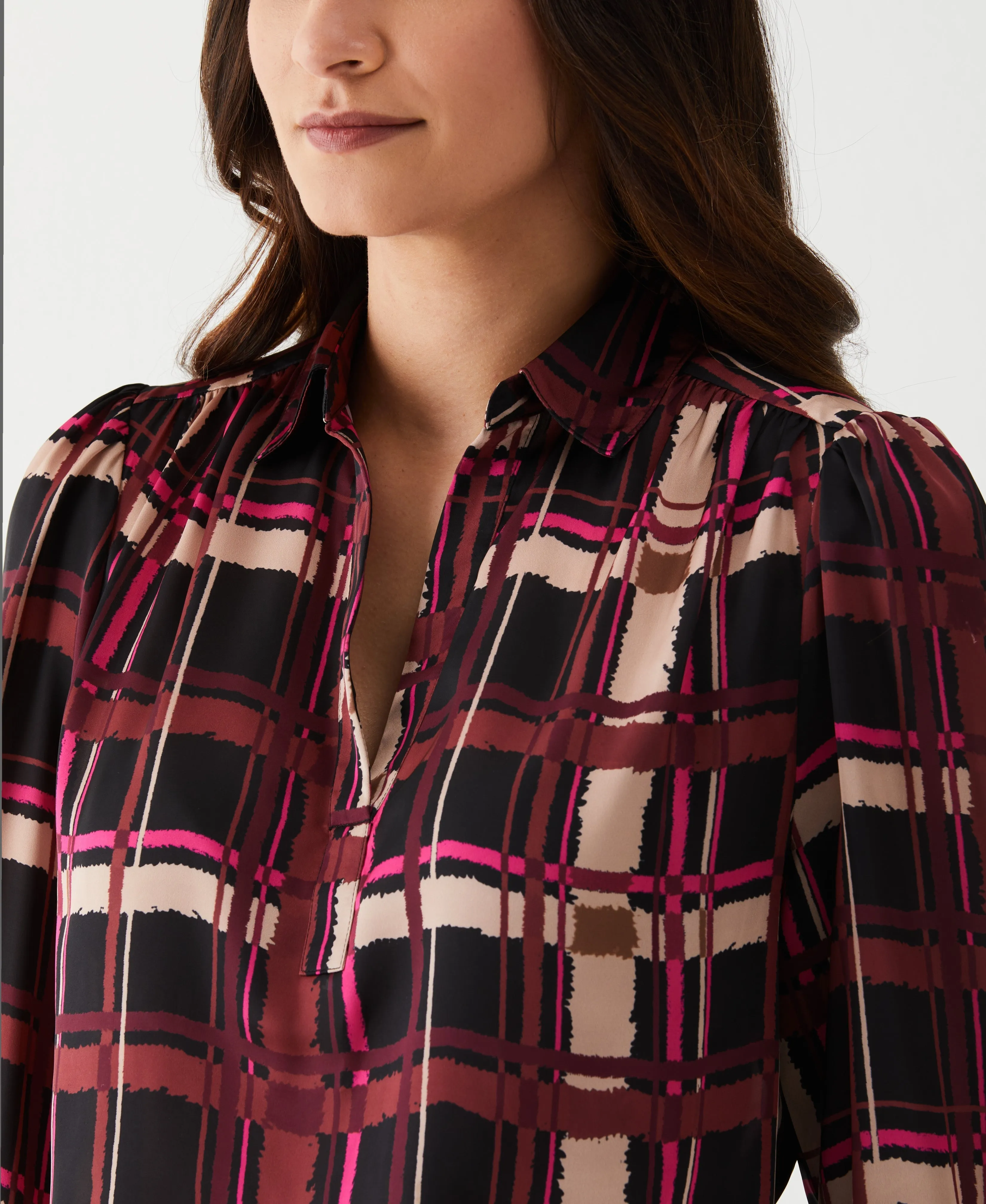 Petite Plaid Shirred Split Neck Blouse