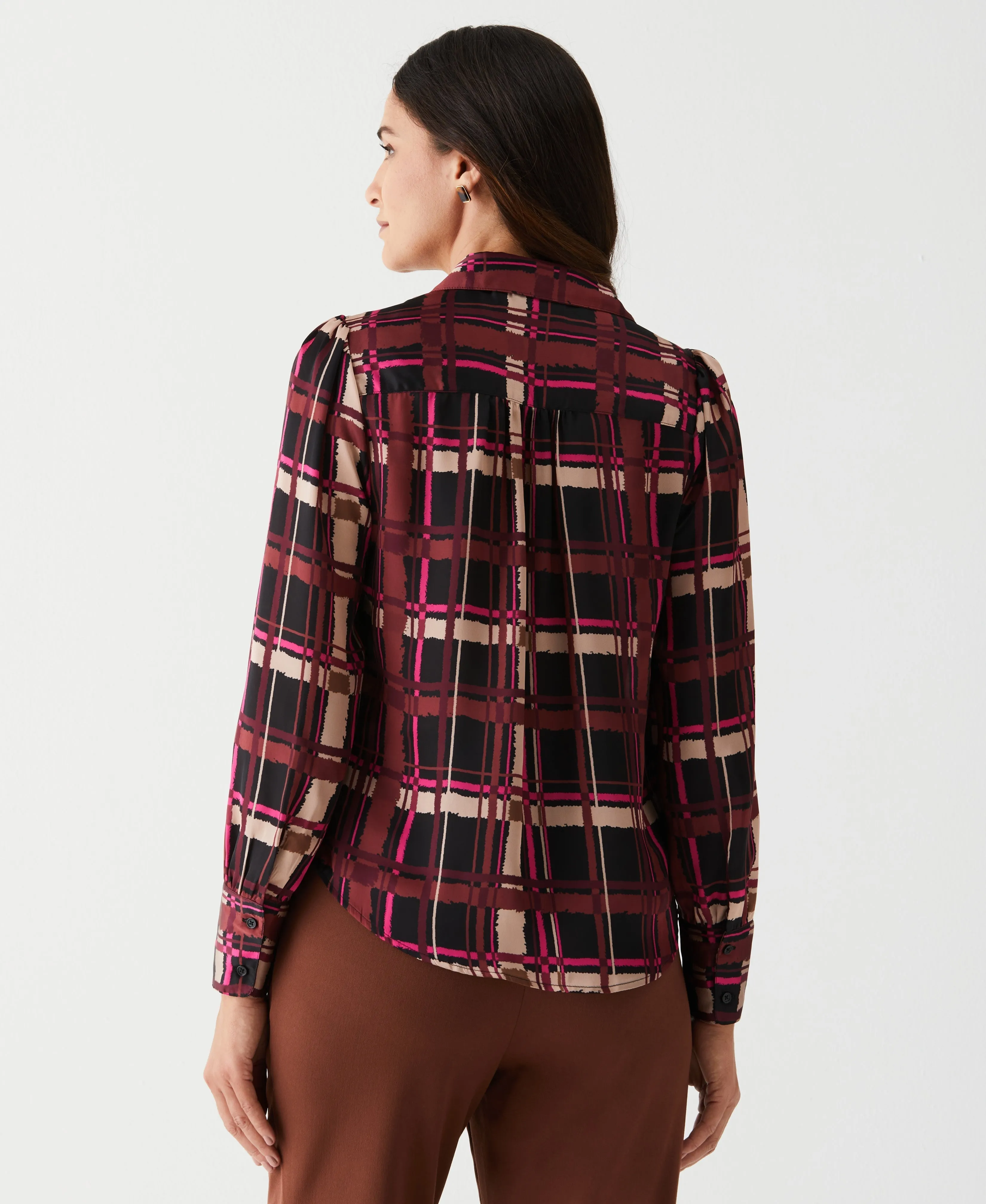 Petite Plaid Shirred Split Neck Blouse