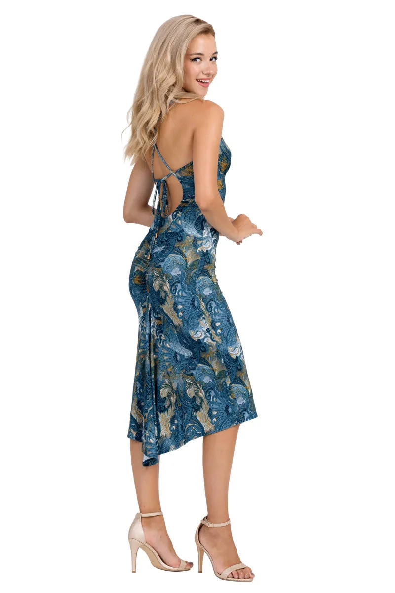 Petrol Paisley Printed Fishtail Dress With Spaghetti Straps