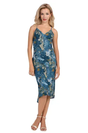 Petrol Paisley Printed Fishtail Dress With Spaghetti Straps