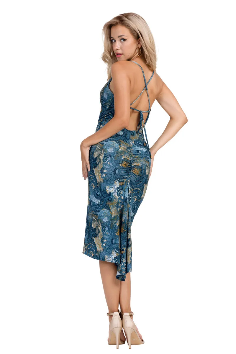 Petrol Paisley Printed Fishtail Dress With Spaghetti Straps