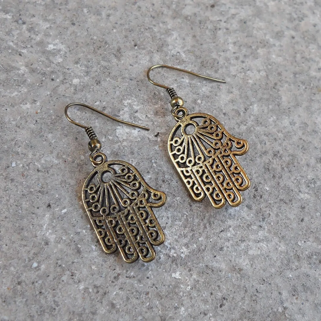 Protection, Antiqued Brass Hamsa, Hand Of Fatima Earrings