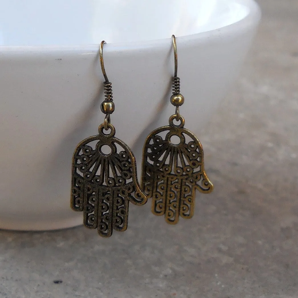 Protection, Antiqued Brass Hamsa, Hand Of Fatima Earrings