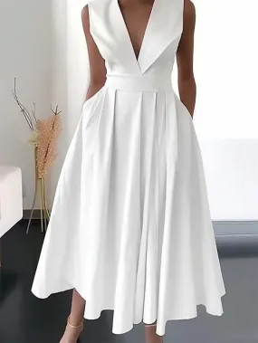 Pure White Sleeveless Midi Swing Dress for Women - Elegant and Comfortable