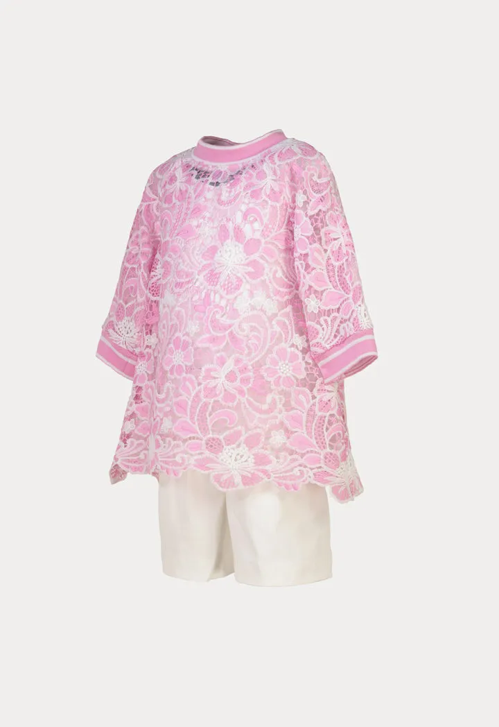 Ribbed Lace Floral Embroidered Blouse And Shorts Set