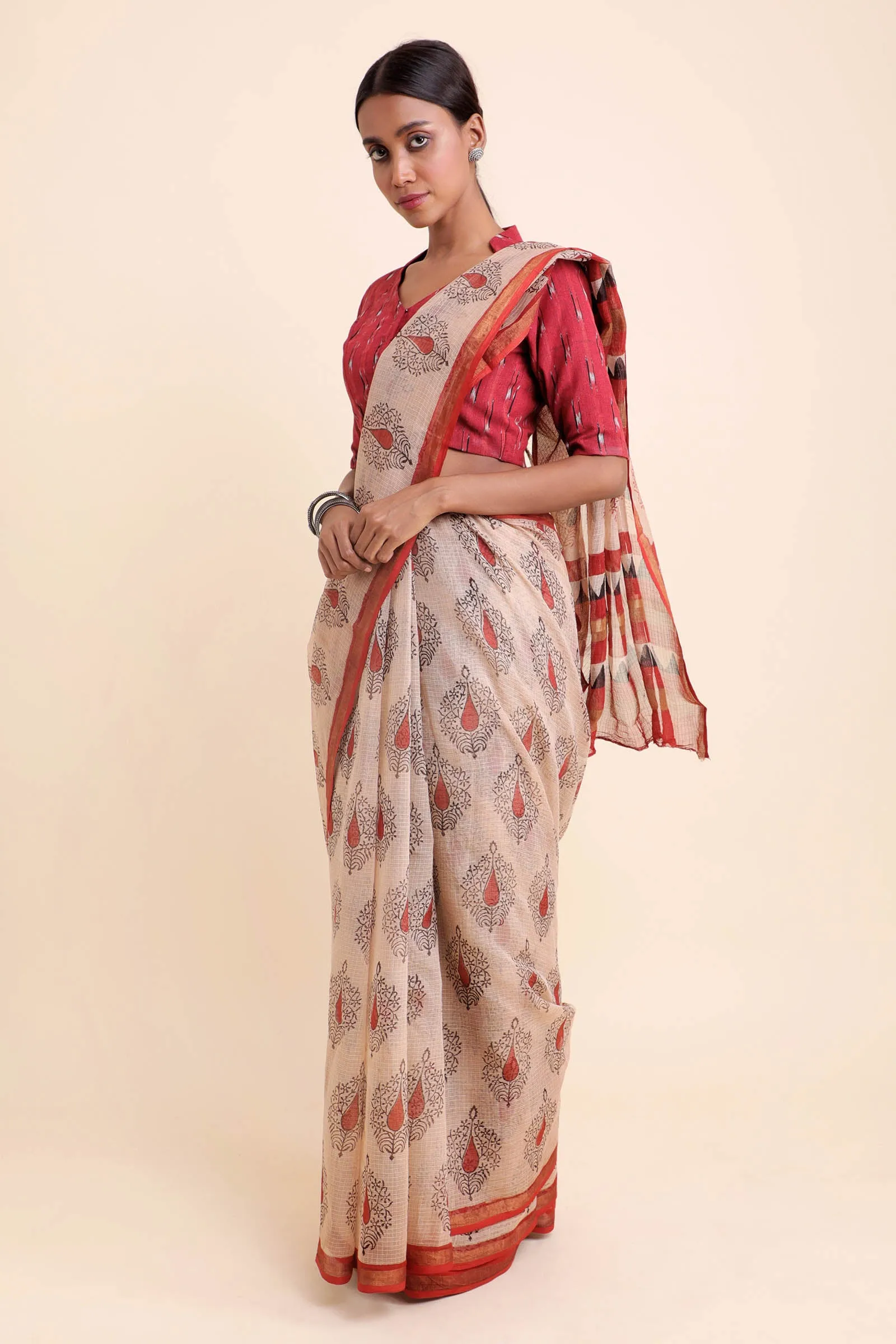 Rustic Filigree Kota Doria Handblock Saree