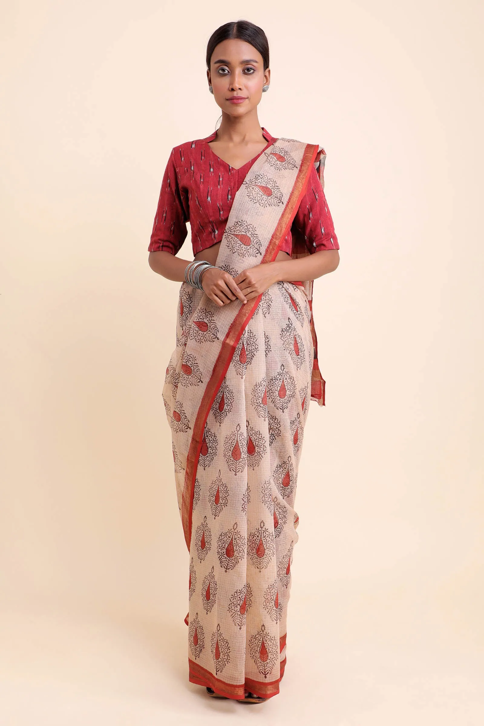 Rustic Filigree Kota Doria Handblock Saree