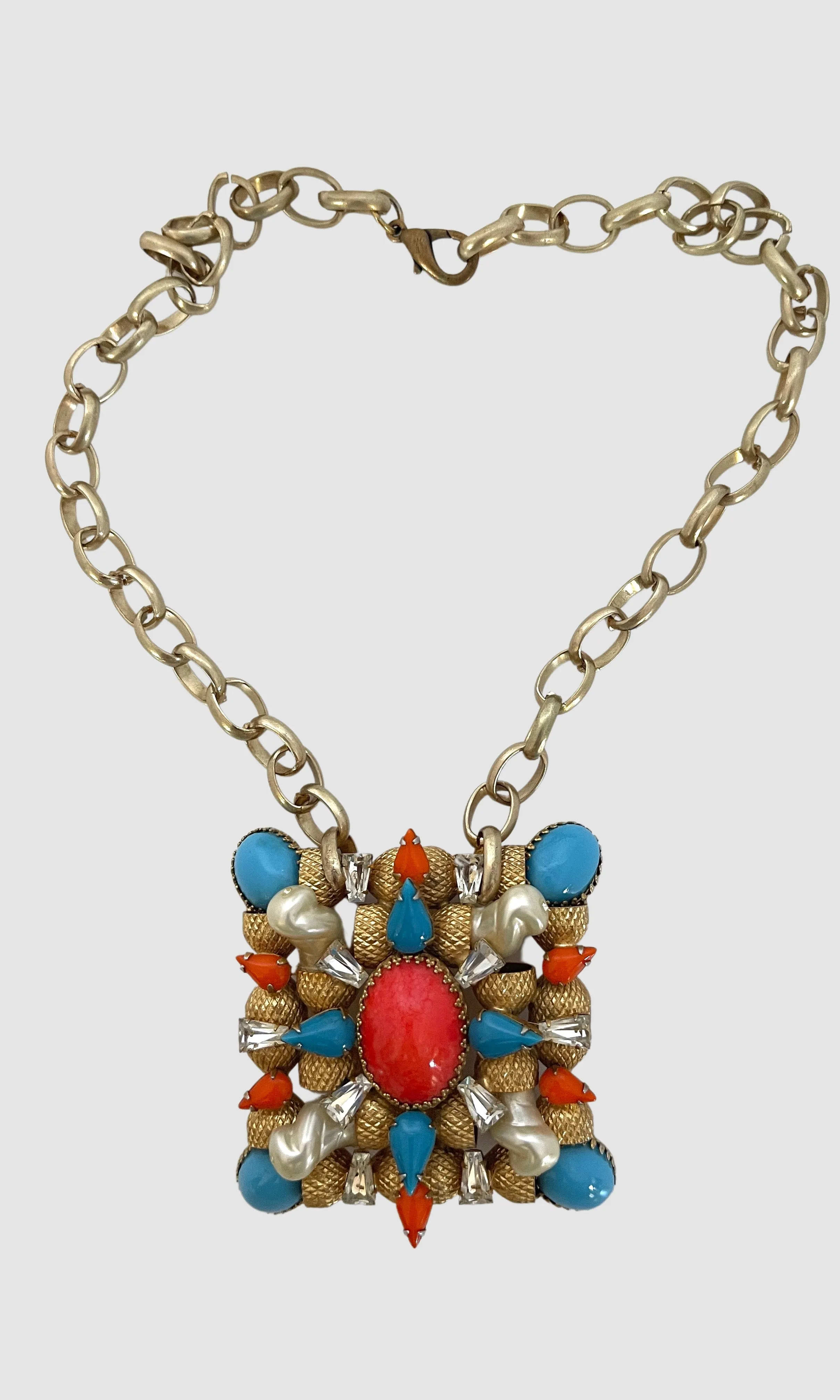 SCAASI Midcentury Necklace with Coral and Turquoise Color Cabochons