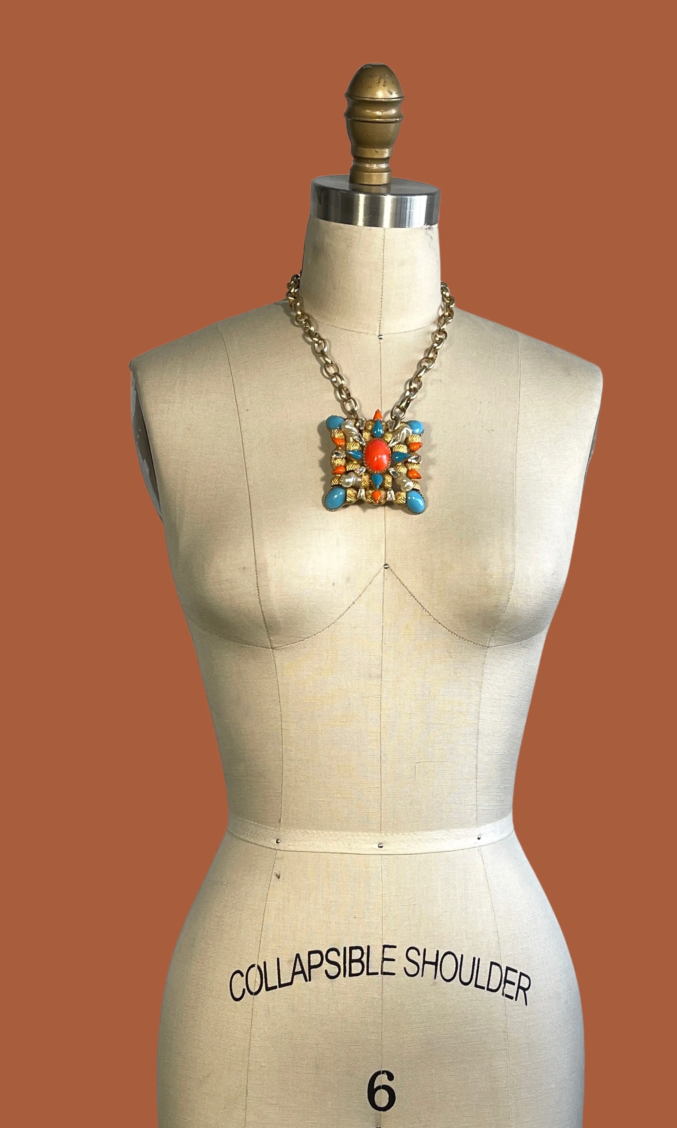 SCAASI Midcentury Necklace with Coral and Turquoise Color Cabochons