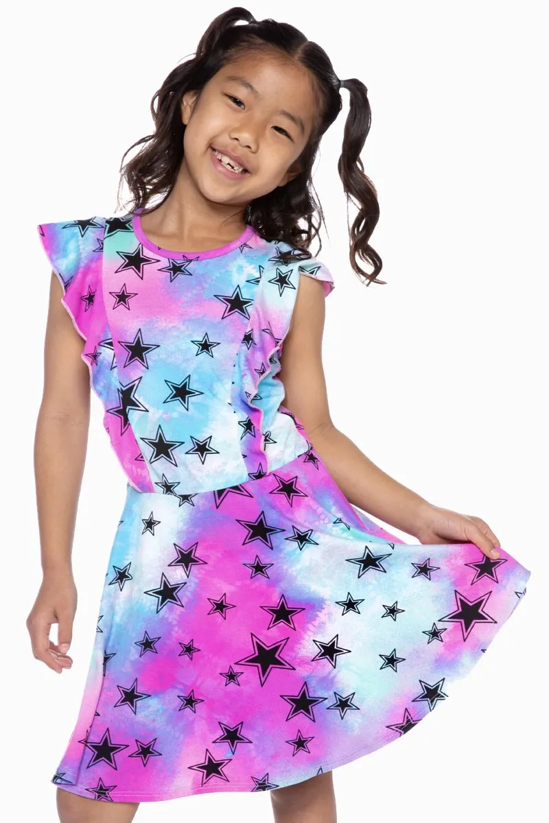 Simply Soft Flutter Sleeve Skater Dress - Aqua Pink Tie Dye Stars