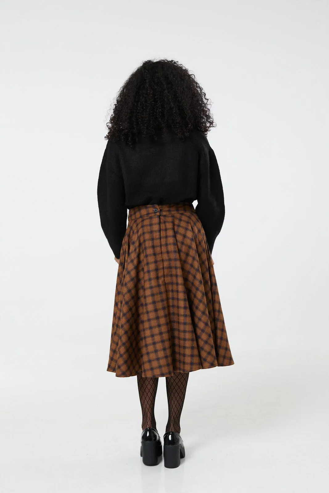 Sophie Camel Woollen Check Tartan Midi Swing Skirt