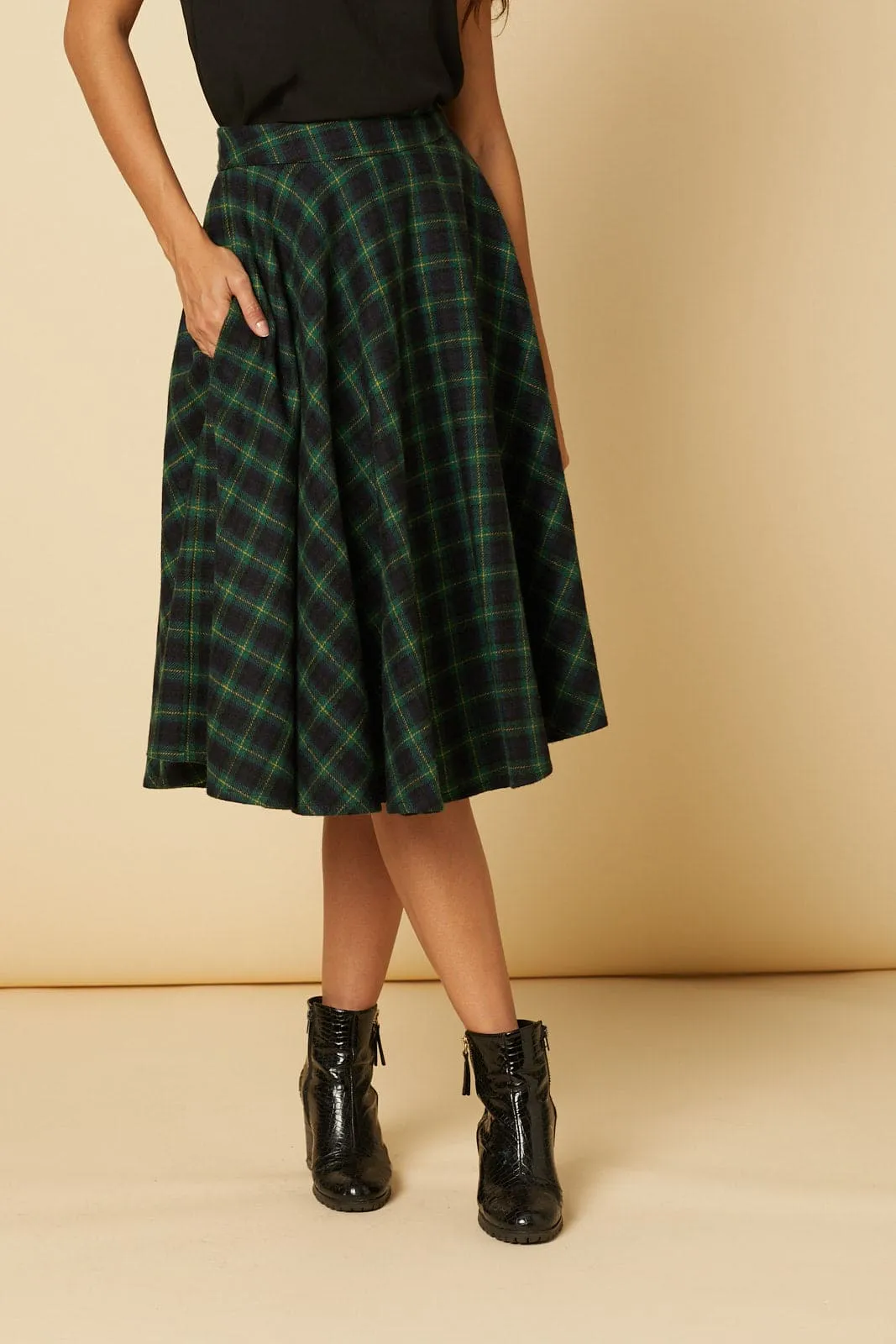 Sophie Forest Green Woollen Check Tartan Midi Swing Skirt