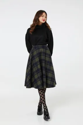 Sophie Sage Green Woollen Check Tartan Midi Swing Skirt