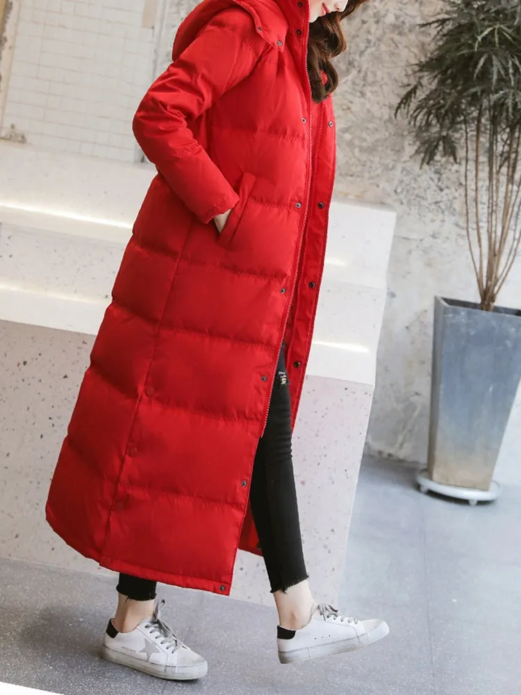 Starla Plus Size Women's Winter Jacket Coat Fur Hoody Padded Over The Knee Long Winter Jacket (Black, Red)