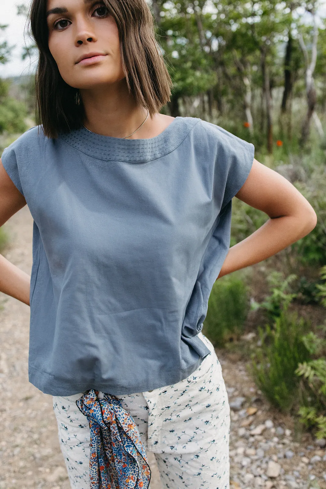 The Candra Stitch Detail Blouse in Light Teal