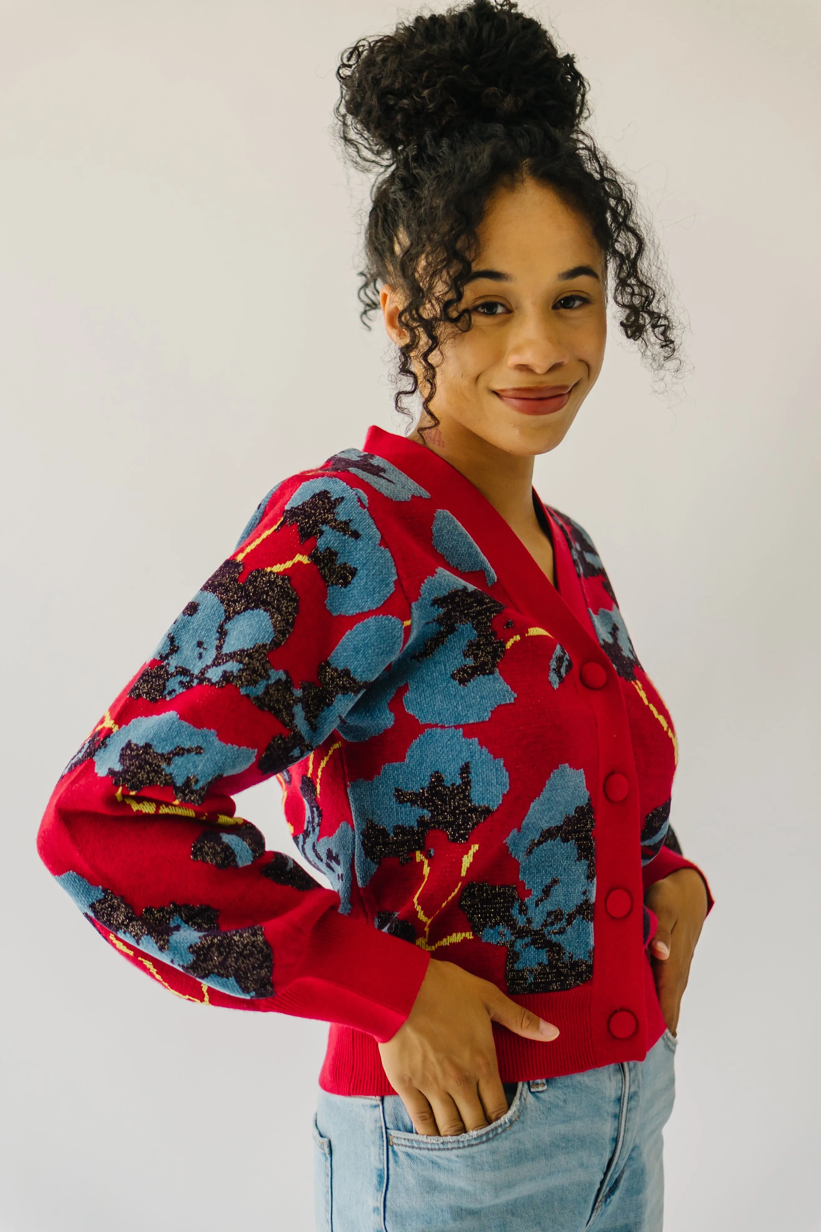 The Kennard Floral Button-Up Sweater in Red