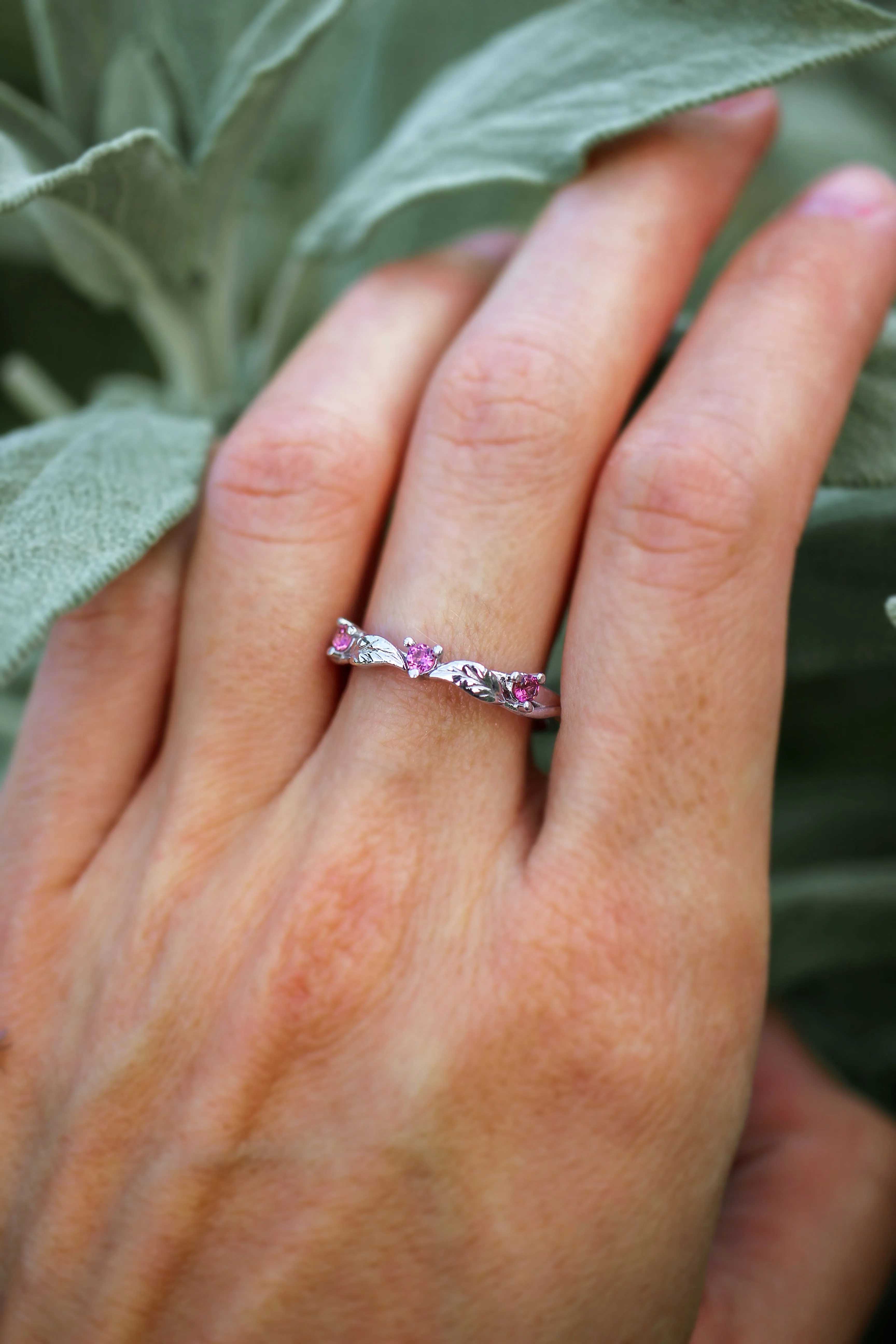 Three pink tourmalines wedding band