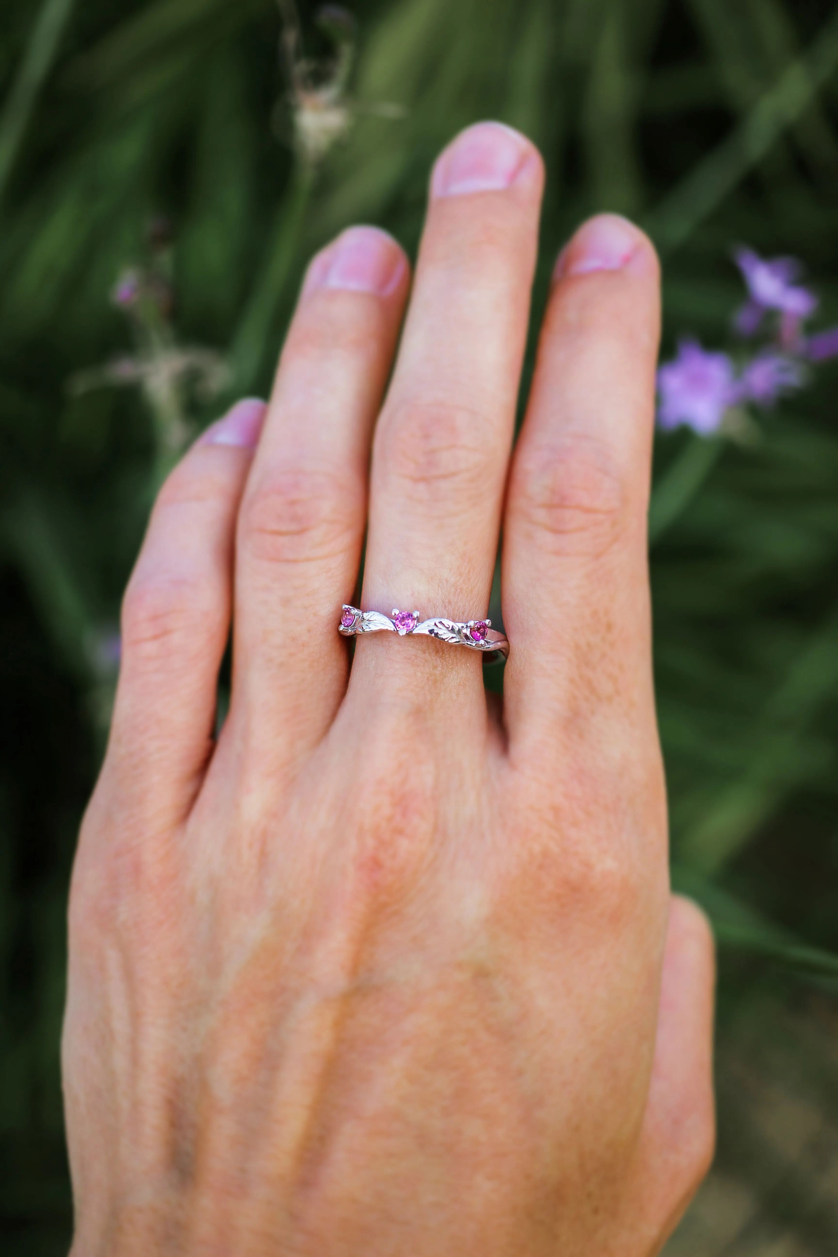 Three pink tourmalines wedding band