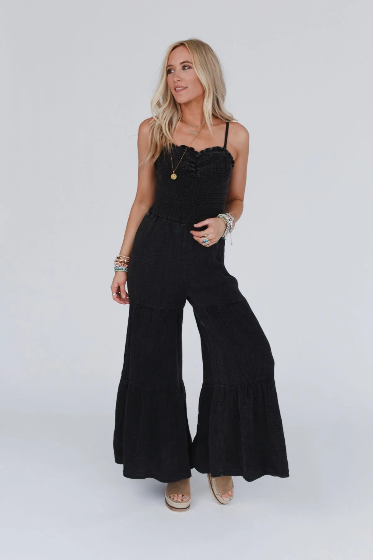 To The Sky Smocked Wide Leg Jumpsuit - Black