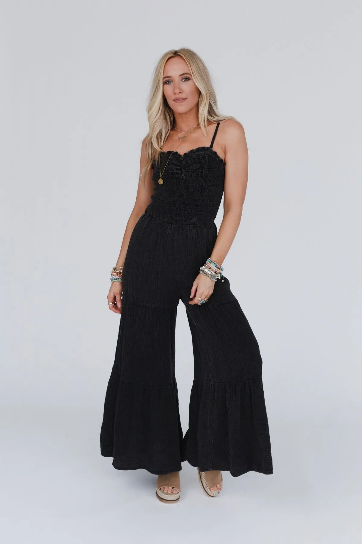 To The Sky Smocked Wide Leg Jumpsuit - Black