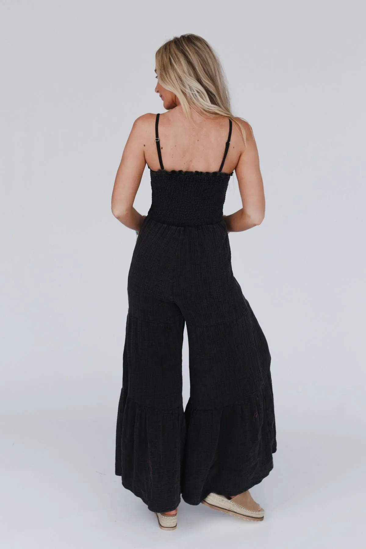 To The Sky Smocked Wide Leg Jumpsuit - Black