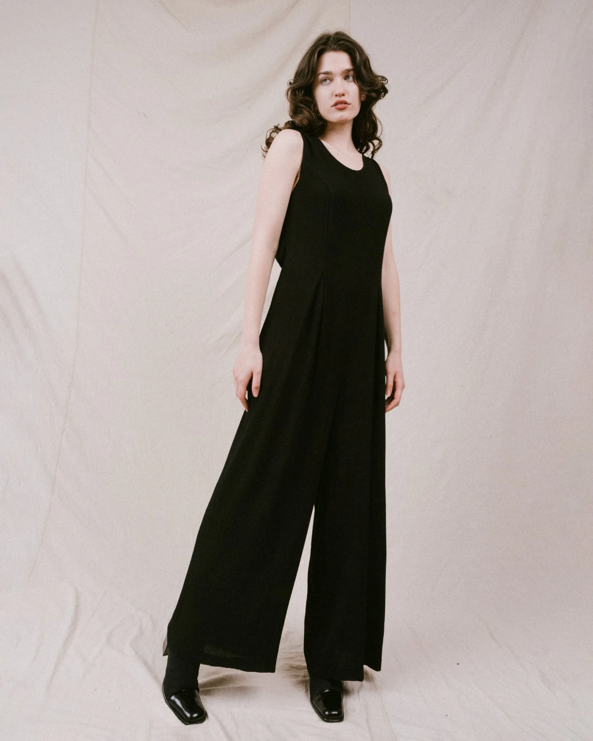 Vintage Black Crinkle Jumpsuit (S/M)