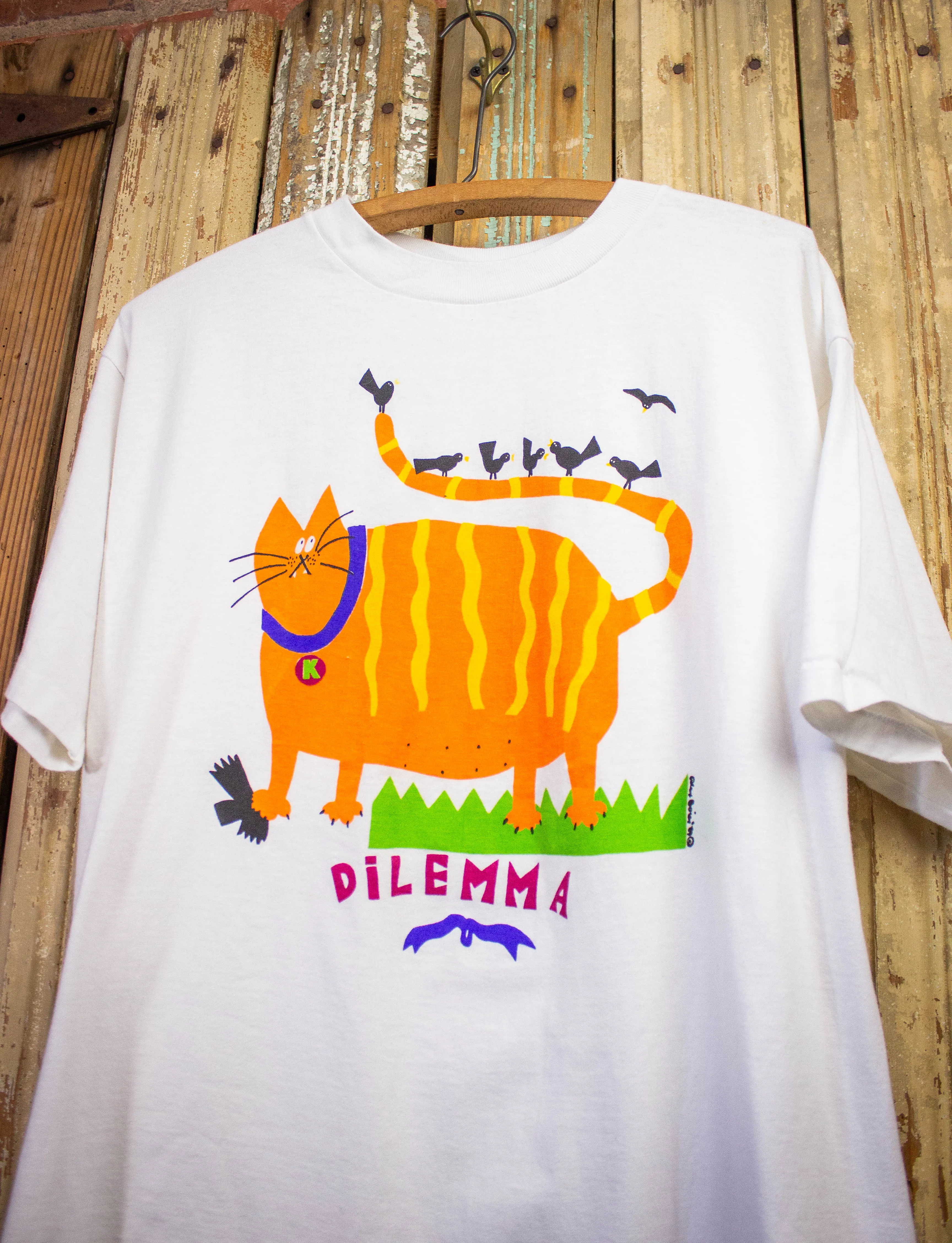 Vintage Dilemma Cat Graphic Art T Shirt 1989 White XL