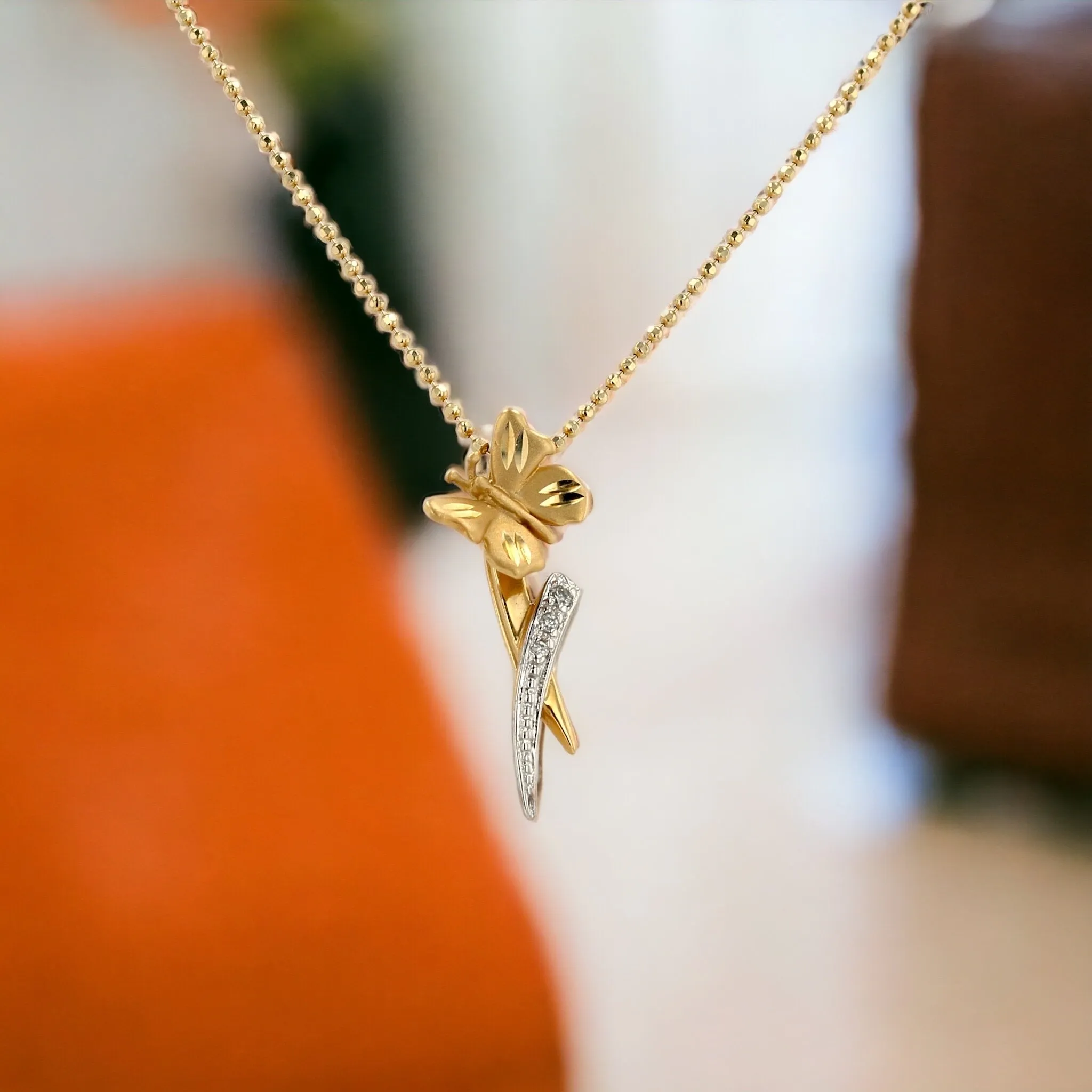 Yellow 14k gold chain diamond 3D butterfly necklace